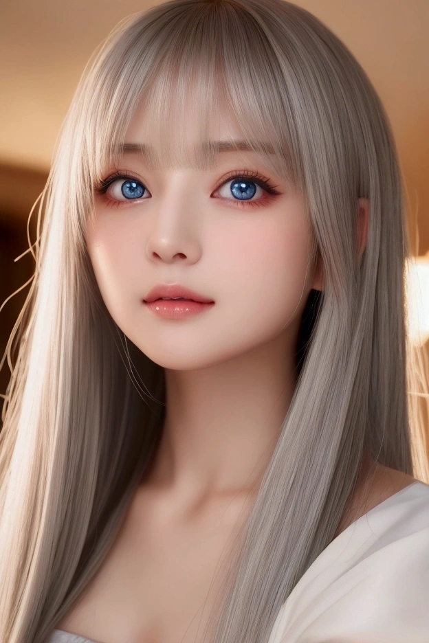 (a closeup:1.4)、(RAW shooting:1.2)、(Photorealsitic:1.4)、(masterpiece:1.3)、(top-quality:1.4)、bright expression、extremely beautyful girl、Extraordinary beautiful girl、Detailed cute and beautiful face、Beautiful bangs、Glowing white shiny skin、facial hairs、Bangs that extend to the face、Bangs between the eyes、Super long hair、Attractive light and dark platinum blonde super long straight silky hainer hair、Attractive glowing beautiful bright clear light blue big eyes、Luxurious dresses、Double eyelids、Lush bust、The upper part of the body、