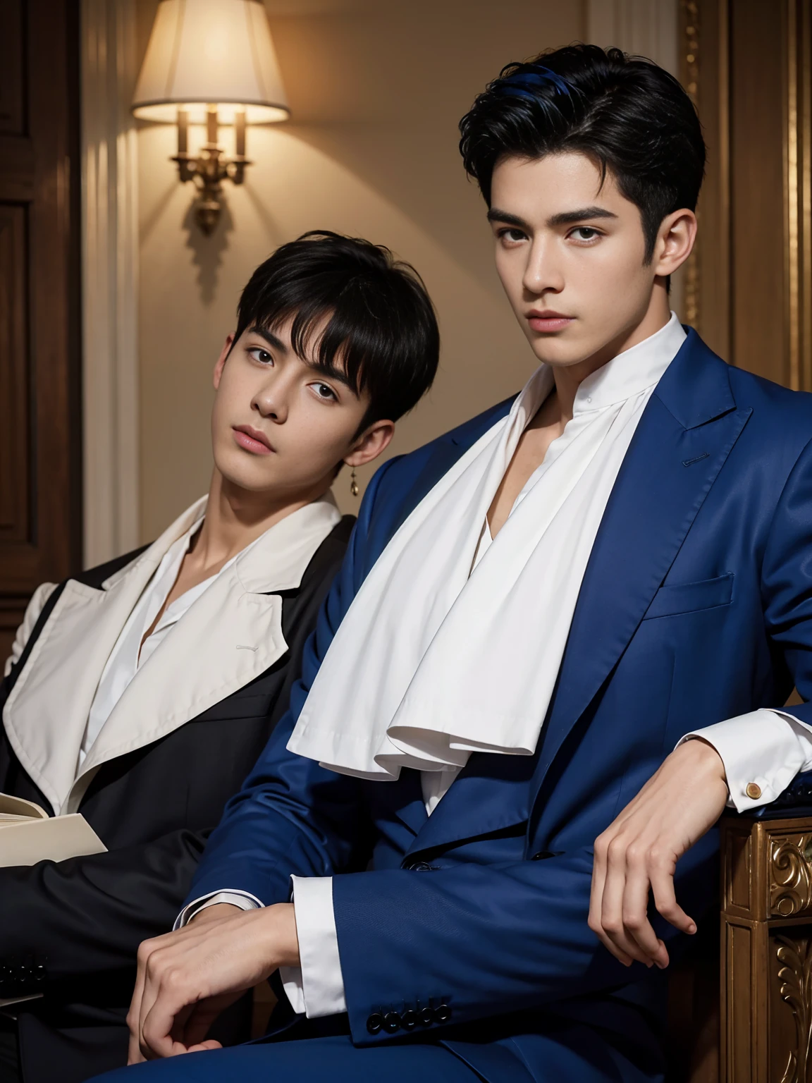 ((masterpiece)),((best quality)),8K,high detail,Very detailed, Very manly,3 men, like,fashion pose, Realistic skin texture, Light,
Royal blue style couple,Perfect hand details