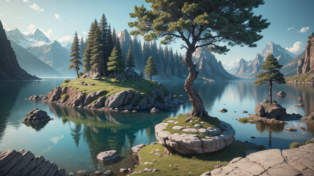 painting of a tree in a rocky area with a lake, 4k hd matte digital painting, surrealism 8k, 4k highly detailed digital art, global illumination. vfx, beautiful composition 3 - d 4 k, 4 k surrealism, hyperrealism. fantasy 4k, inspired by Mike Winkelmann, matte painting 4k 8k, highly detailed surreal vfx