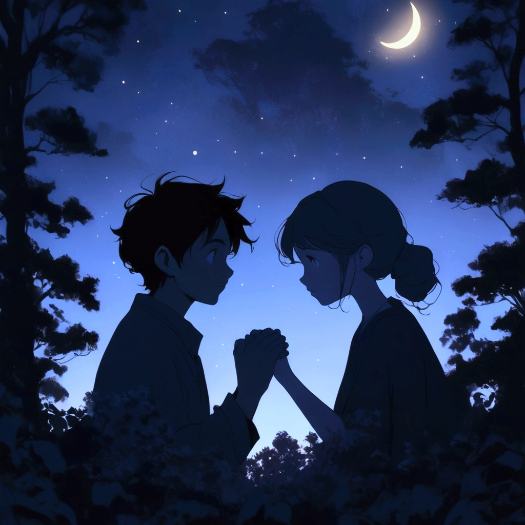 1girl, 1boy, face to face, hill, forest, moon, night, silhouette, interlocked fingers, betterhand