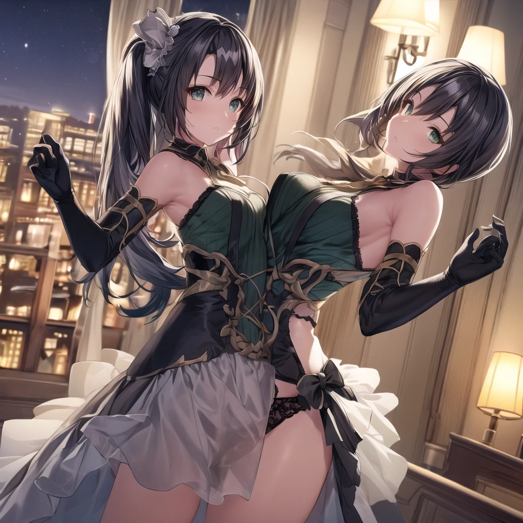 (night, in hotel, masterpiece, best quality), tsurime, (lingerie, elbow gloves), 