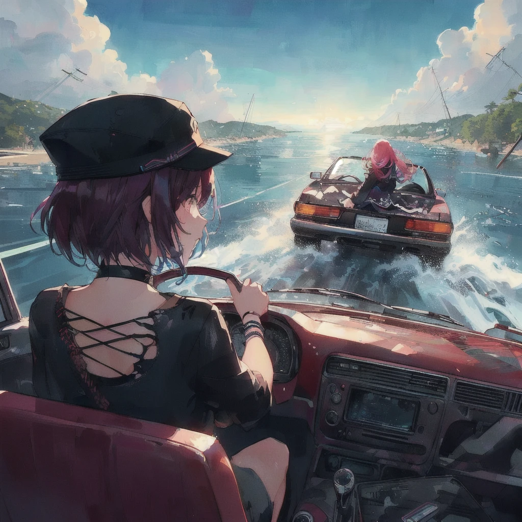 There is a car and a woman in the water, Liam Wong, Alena Aenami and Android Jones, style of alena aenami, Spectacular retrowave art, Makoto Shinkai Cyril Rolland, Rob Ray and Kentaro Miura Style, 80s anime style,Art by Alena Aenami, inspired Liam Wong