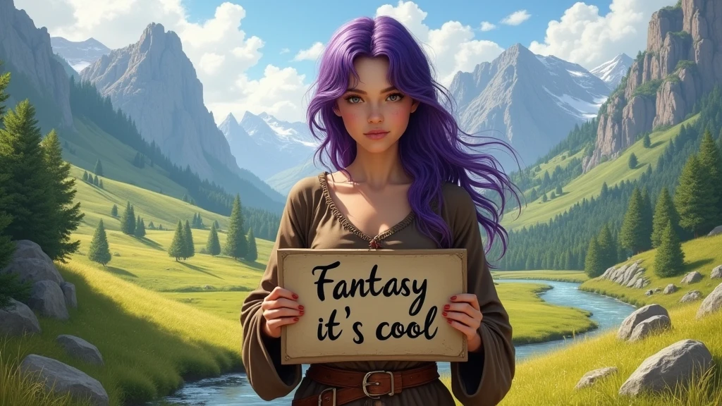 A beautiful girl with purple hair in a torn brown tunic holds a sign in her hands with the inscription "Fantasy it's cool", Fantasy landscape with meadows, hills, mountains, forest and river
