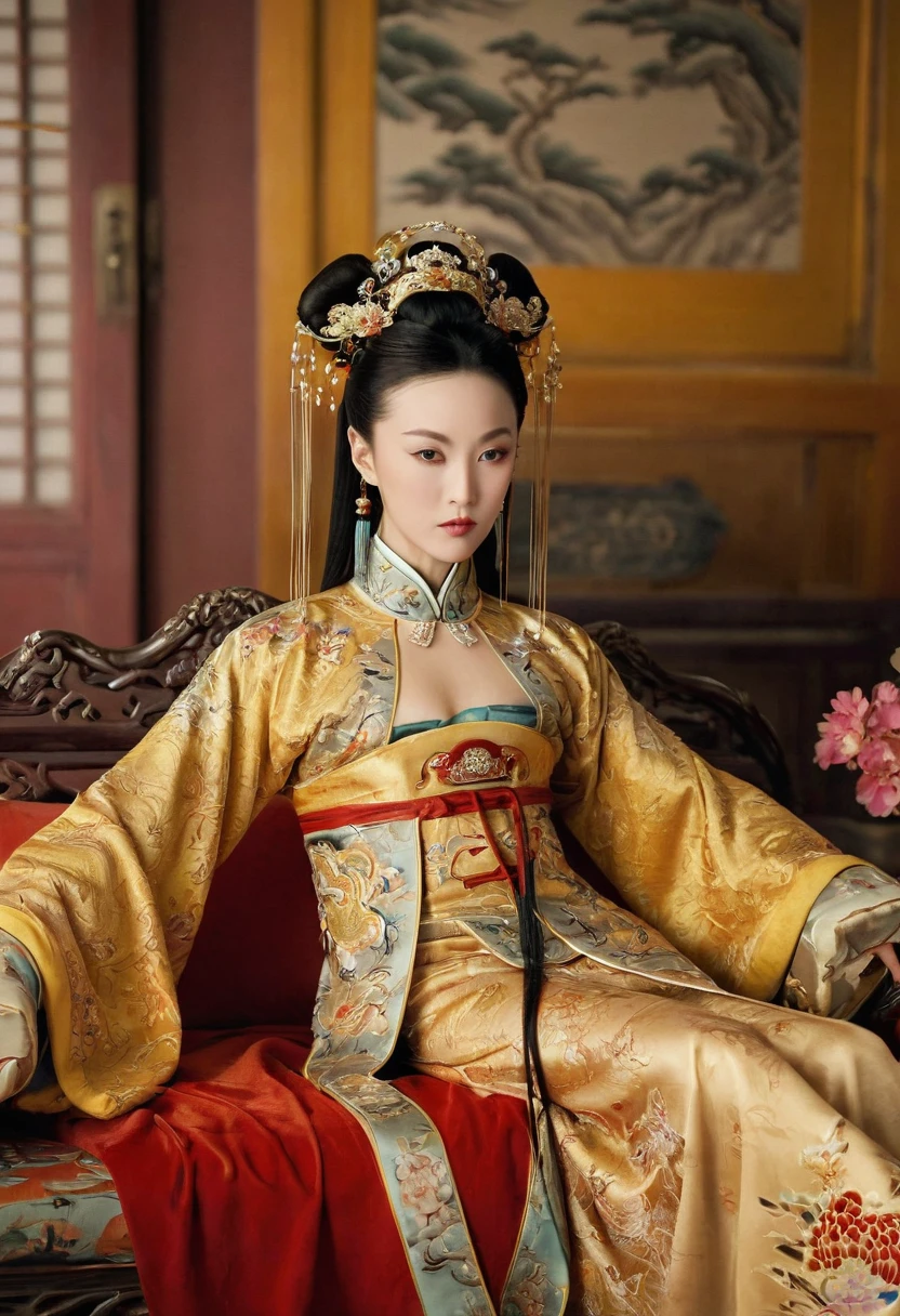 Gorgeous Empress of the Chinese Court during the Qing Dynasty Gorgeous Empress of the Chinese Court on a sofa, nude, large and golden, with her legs on the sofa, wide open, knees bent, in an M pose (pornographic pose), with her hair tied on both sides The background of this perverted and erotic woman wearing a crown and tying her hair is the Chinese court of the Qing Dynasty. The scene is set in the luxurious room of an empress in the Qing Dynasty Chinese court.
Translated with DeepL.com (free version)