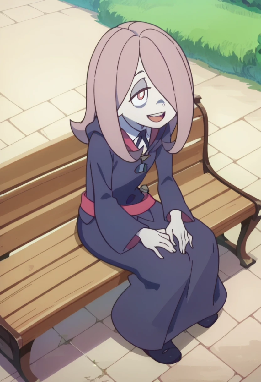 score_8_up, score_7_up, anime screencap, perfection, 1 girl, Sucy Manbavaran, solo, full body , sitting on bench, witch academy uniform, long skirt, smiling, sharo teeth ,flat chest, outdoors, witch academy, from above, open mouth,