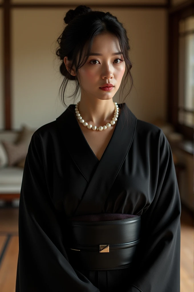 (Highest quality、Highest quality、8k resolution、masterpiece、Professional photography、Award-winning works)、(Mature 45 year old beautiful Japanese woman:1.1)、(Funeral:1.1)、(Blurred background of a spacious and elegant Japanese-style room:1.1)、(Strongly blurred background:1.1)、The most romantic and moody atmosphere、(The perfect black kimono mourning outfit:1.2)、(Pearl Necklace:1.1)、Standing Elegantly、Voluptuous body、sad expression looking at me、Large Breasts、Perfect Makeup、Beautiful lipstick、Elegant eyeshadow、Long eyelashes、Ultra-high resolution glossy skin、(Accurate anatomy:1.1)