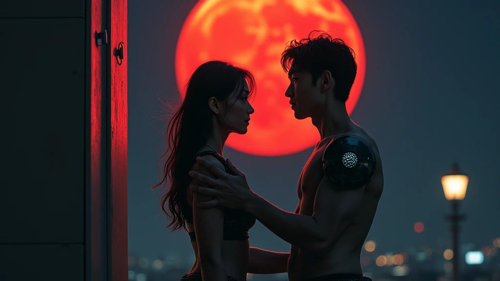 masterpiece, Highest image quality, photo realistic, Raw photo, full body photo, (night, giant red Moon in the sky :1.4, Japaneses, in future Japan , young man and beautiful woman, man talk to woman under the building, man and woman facing each other, man hands press the wall in the front across woman shoulder, man put his hands on woman shoulder, bare body, machinery armor dress gear, whispered words, open eyes), fire giant meteor strike on the ground, flying hair, 