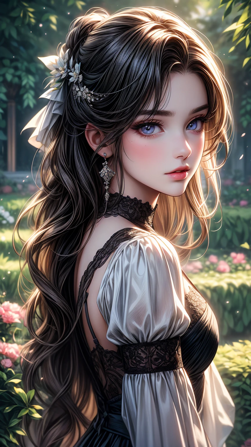 A girl in a garden,beautiful detailed eyes,beautiful detailed lips, long styled hair, extremely detailed eyes and face,longeyelashes,illustration,ultra-detailed,best quality,4k,8k,highres,masterpiece:1.2,ultra-fine painting,sharp focus,professional,vivid colors,portraits