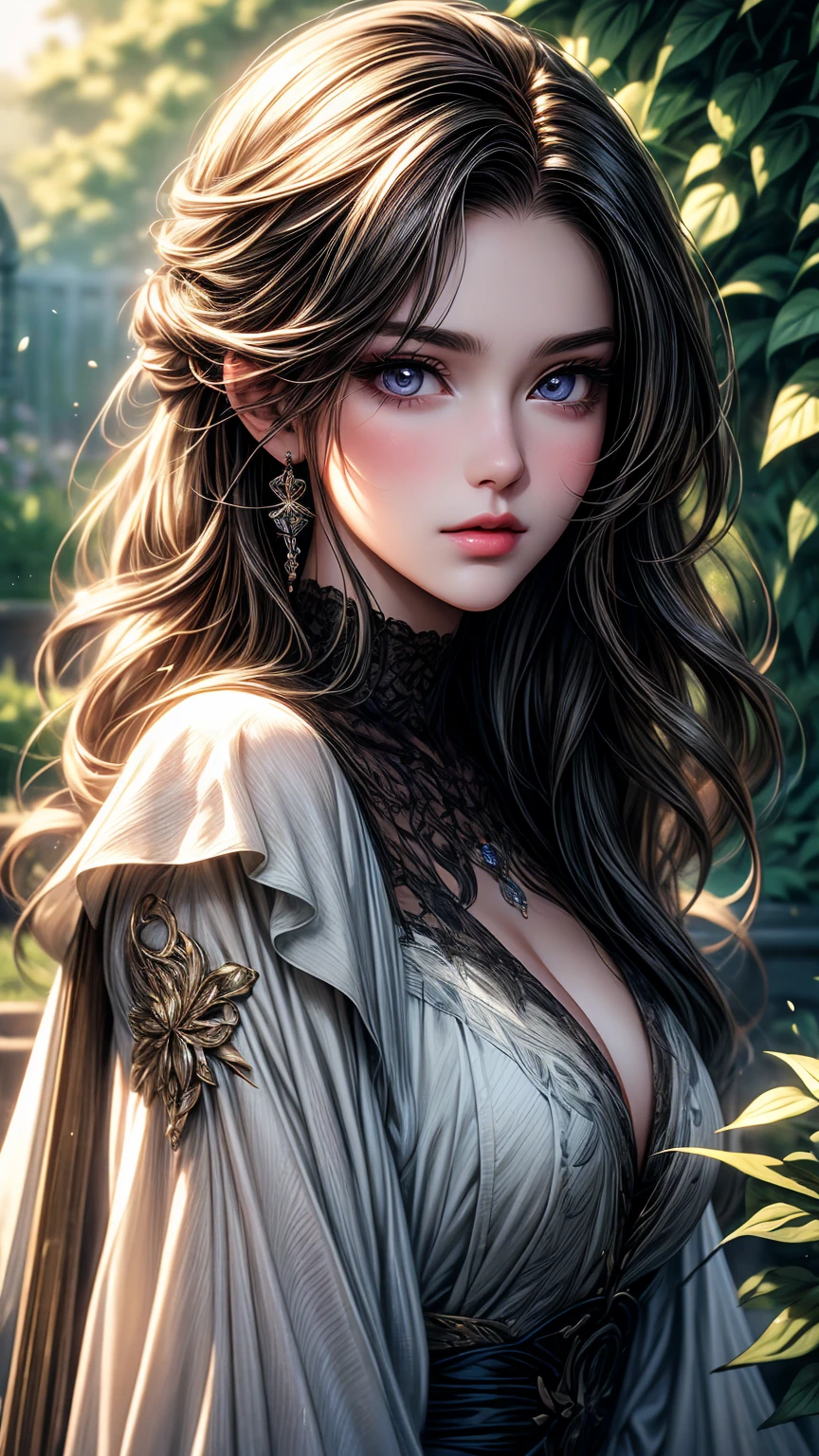 A girl in a garden,beautiful detailed eyes,beautiful detailed lips, long styled hair, extremely detailed eyes and face,longeyelashes,illustration,ultra-detailed,best quality,4k,8k,highres,masterpiece:1.2,ultra-fine painting,sharp focus,professional,vivid colors,portraits