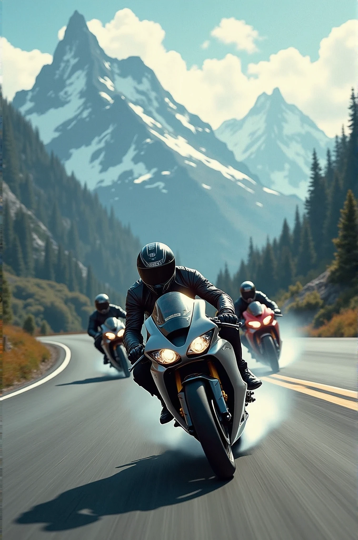 Three R6 riders streak across the winding asphalt, their sleek motorcycles leaving trails of smoke as they hurtle towards the rugged mountain range in the distance. The matte painting-style backdrop features towering peaks, lush green forests, and wispy cloud formations. Sunlight casts long shadows on the road, illuminating the motorcyclists' helmets and jackets as they bank into a turn, their tires screeching in perfect harmony., retina, accurate, masterpiece, super detail, high details, best quality, award winning, highres, HD, 4K, 8k, 16k, retina, accurate, masterpiece, anatomically correct, textured skin, super detail, high quality, award winning, highres, 8k, 16k