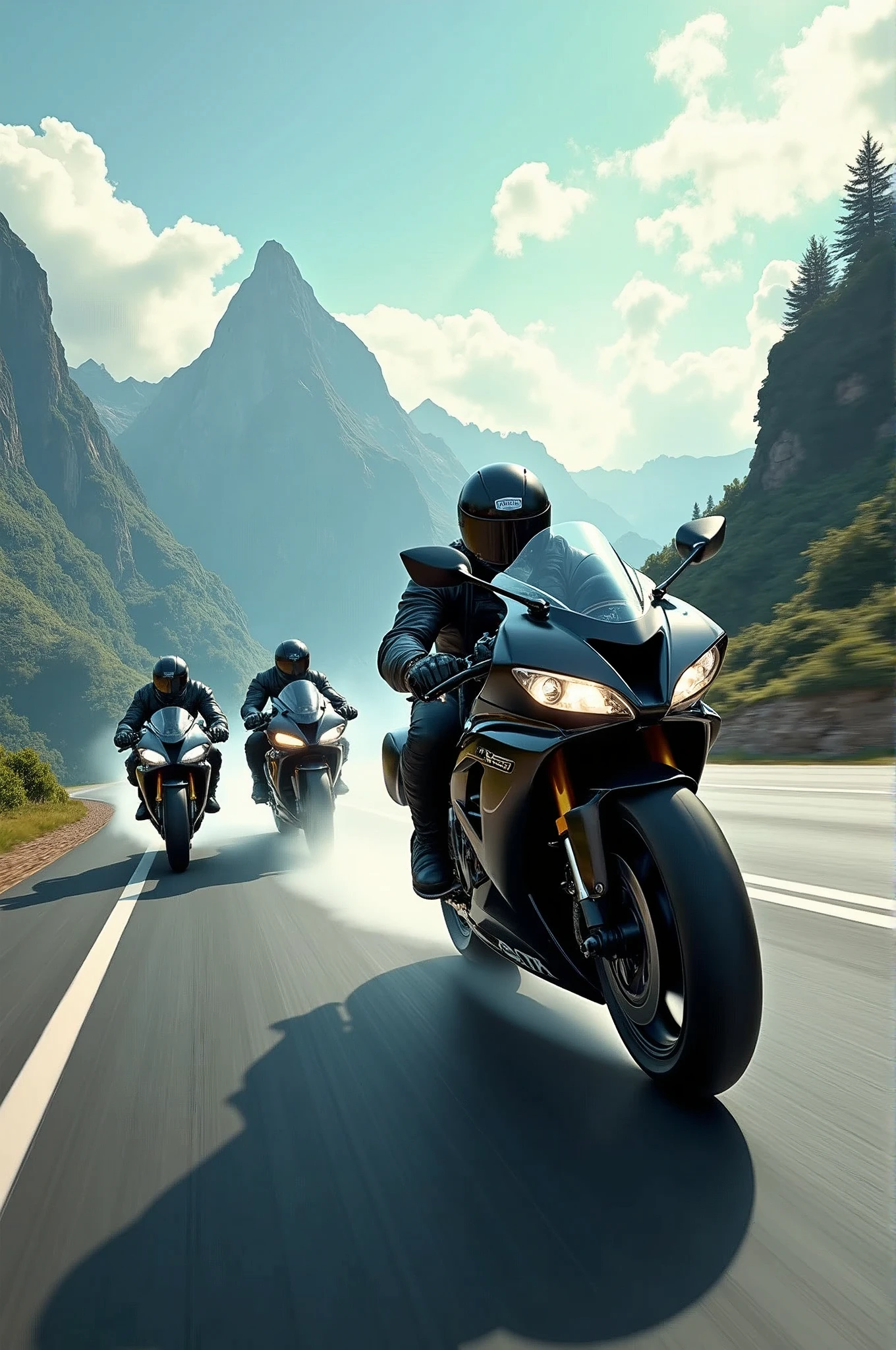 Three R6 riders streak across the winding asphalt, their sleek motorcycles leaving trails of smoke as they hurtle towards the rugged mountain range in the distance. The matte painting-style backdrop features towering peaks, lush green forests, and wispy cloud formations. Sunlight casts long shadows on the road, illuminating the motorcyclists' helmets and jackets as they bank into a turn, their tires screeching in perfect harmony., retina, accurate, masterpiece, super detail, high details, best quality, award winning, highres, HD, 4K, 8k, 16k, retina, accurate, masterpiece, anatomically correct, textured skin, super detail, high quality, award winning, highres, 8k, 16k