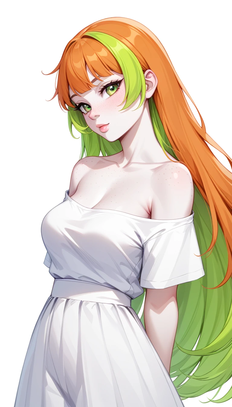 1 Girl, Medium Breasts, Half Orange Hair And Half Lime Green Hair, Split Hair Color, Two Hair Colors, Lime Green Eyes, Nice Eyes, Long Hair Style, Freckles, Nice Lips, Nice Nose, Pale White Skin, Smooth Skin, Uncaring Look, Sexy, Bitch, Baggy White Shirt, Black Long Skirt