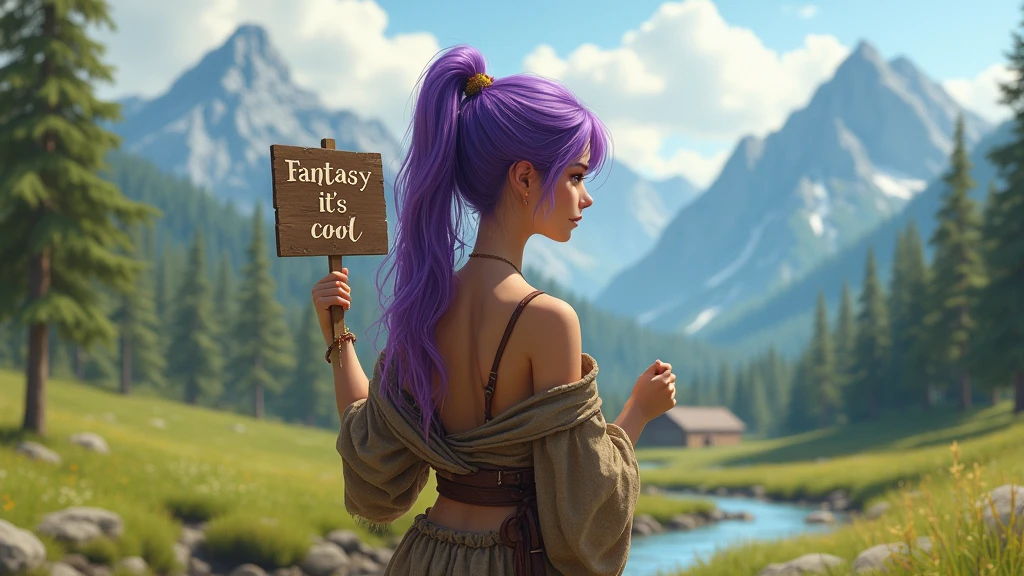 A beautiful girl with purple hair in a torn brown tunic holds a sign in her hands with the inscription "Fantasy it's cool",  Fantasy landscape with meadows hills mountains forest and river and photorealistic clear texture