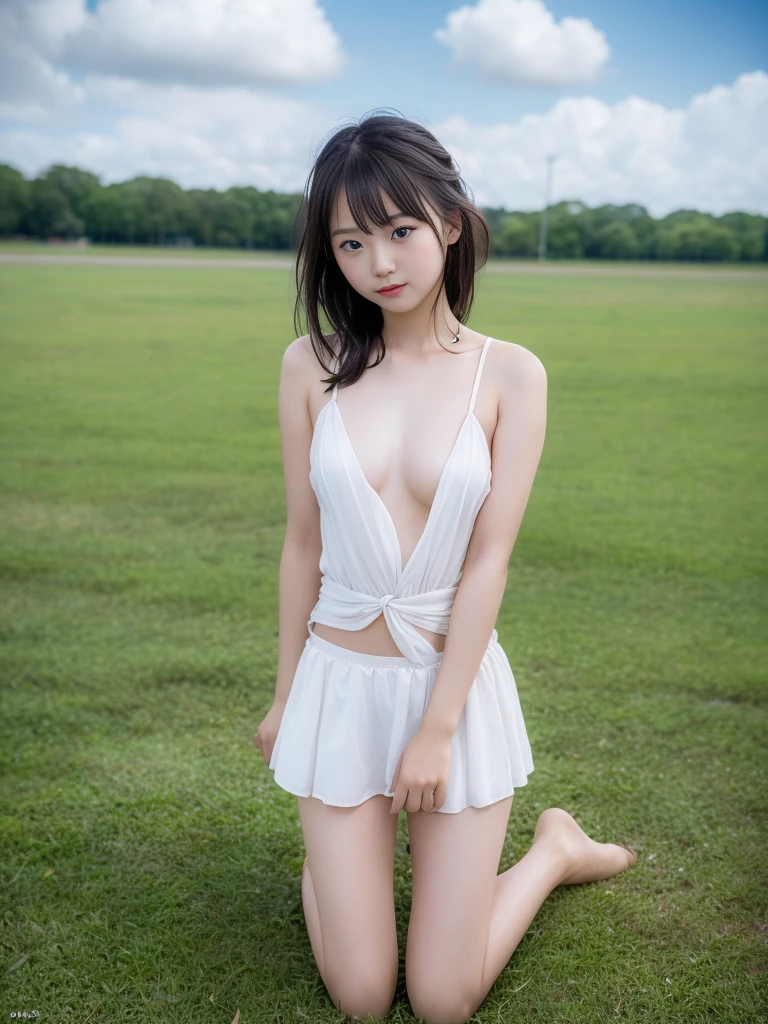 8k,Japanese,,Innocent face,Teenage Girlpring-like clothes,Spring weather,Casual wear,Sitting with legs apart，White panties are visible,Nipples，vagina，Black Hair,garden,Hair Clip,Décolletage