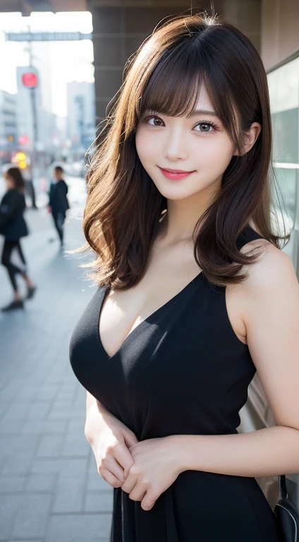 masutepiece, Best Quality, Illustration, Ultra-detailed, finely detail, hight resolution, 8K Wallpaper, Perfect dynamic composition, Beautiful detailed eyes, doress,Medium Hair, Small breasts, Natural Color Lip, Random and sexy poses,Smile,Tokyo Station、20 years girl