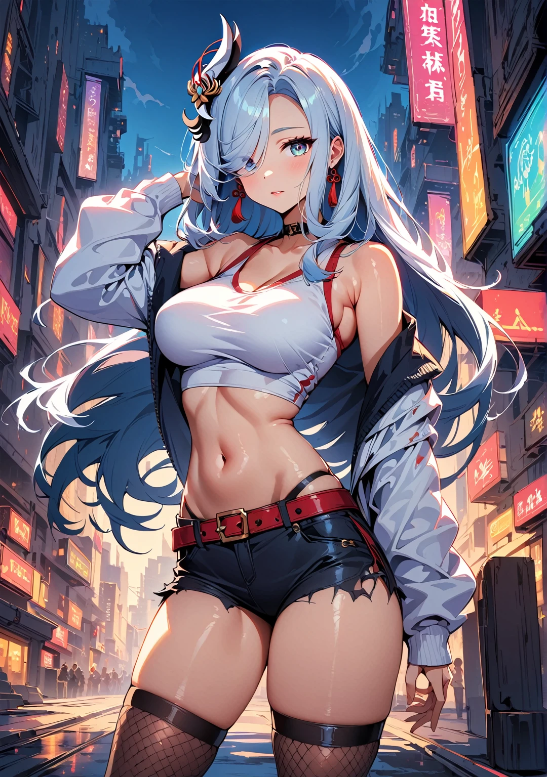 light blue hair, large hair, (red Eyes:1.4), (large breasts:1.5) (erectile nipples:1.1), underboobs, up t-shirt, up skirt, no panties, BREAK outdoors, night, light particles, view from below, BREAK looking at viewer, BREAK (masutepiece:1.3), Best Quality, High resolution, Unity 8k壁纸, (Illustration:0.8), (Beautiful detailed eyes:1.6), extra detailed face, Perfect Lighting, extremely details CG, (Perfect hands, Perfect Anatomy),