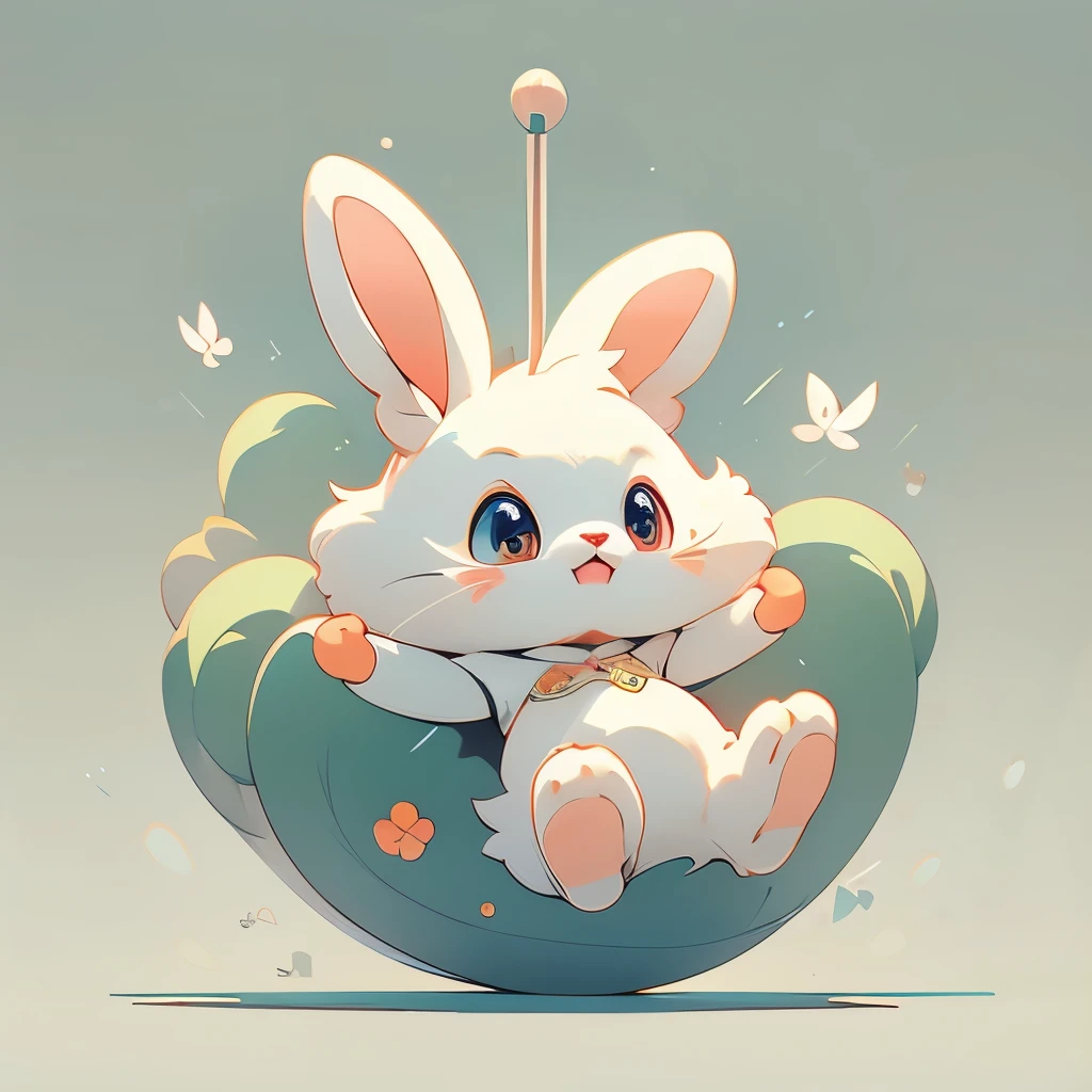 Cartoon animal design, flat style cute rabbit full body photo, simple but not lost sense of design, fresh flat style, cyberpunk elements are applied freely, the front view presents a charming cute posture, and the feet hang down in a cute posture