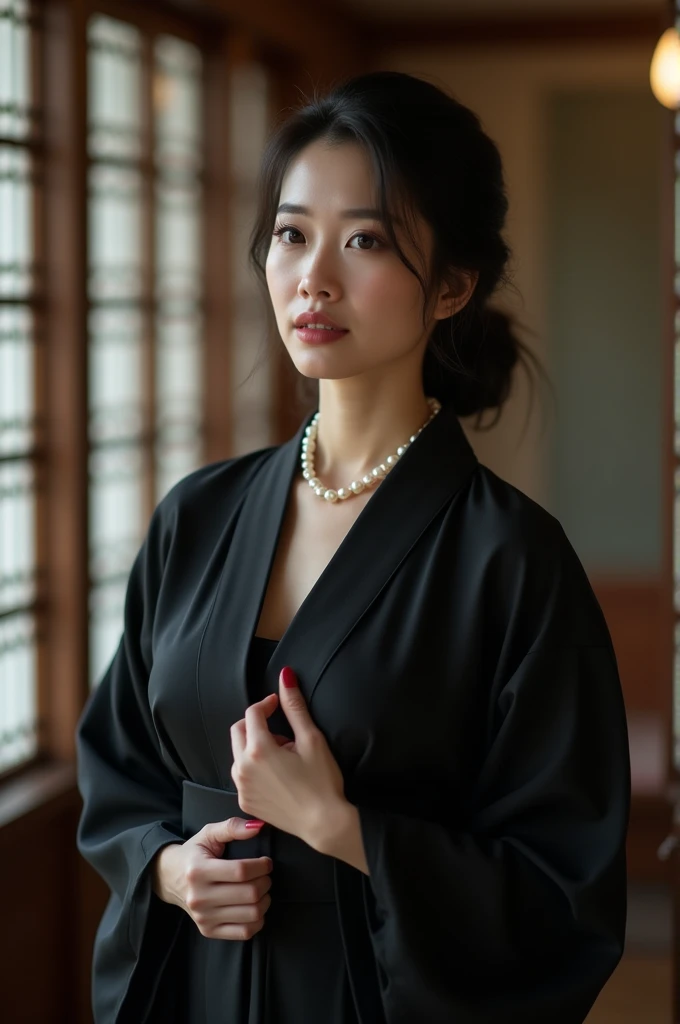 A Korean woman with short, white hair, a beautiful face showing her cleavage, wearing a black and white yukata, holding a katana, surrealistic style, black and white tones, mid shot, dramatic light.