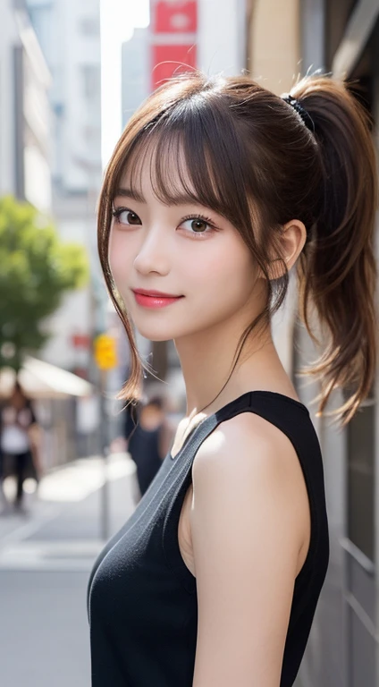 masutepiece, Best Quality, Illustration, Ultra-detailed, finely detail, hight resolution, 8K Wallpaper, Perfect dynamic composition, Beautiful detailed eyes, Women's Fashion Summer,Ponytail hair,Small breasts natural color lip, Bold sexy poses,Smile,Harajuku、20 years girl、Cute、Sexy shot looking at camera