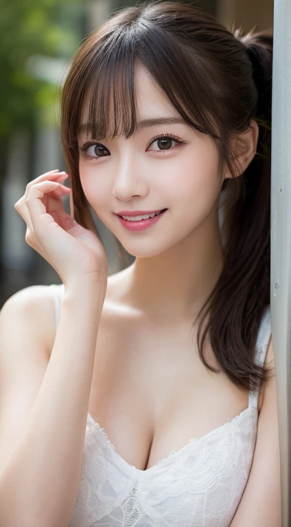 masutepiece, Best Quality, Illustration, Ultra-detailed, finely detail, hight resolution, 8K Wallpaper, Perfect dynamic composition, Beautiful detailed eyes, Women's Fashion Summer,Ponytail hair,Small breasts natural color lip, Bold sexy poses,Smile,Harajuku、20 years girl、Cute、Sexy shot looking at camera