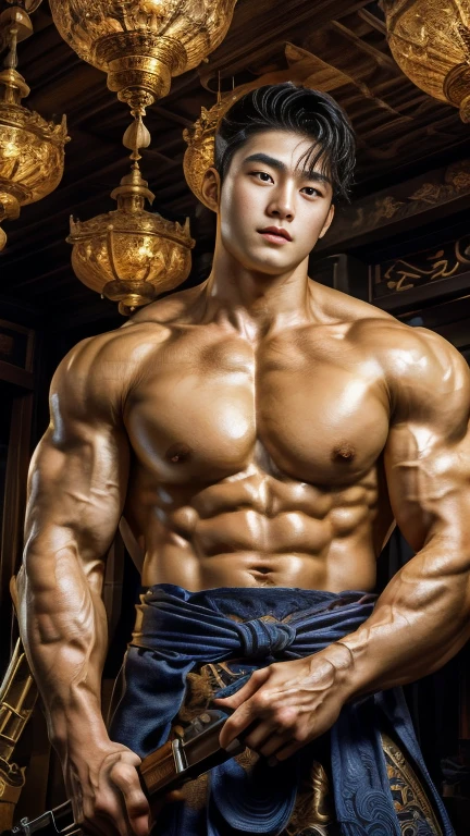 disconsolate,Ambient,artistic conception,large scene,The wind blew up the white curtains,Dattain lamps,Diffuse light,chest muscle,Shirtless, stubbles, Sideburns, musculature, Strong handsome korean guy,handsome men god , multiple hands holding some weapons, , Hanfu,Golden blue、Jing Qing Moqing、jackson wang, Plain cherry blue,Junyi,Dignified atmosphere,Temperament,Short hair, Flat-headed beautiful man,The light is gentle,The scene comes to life