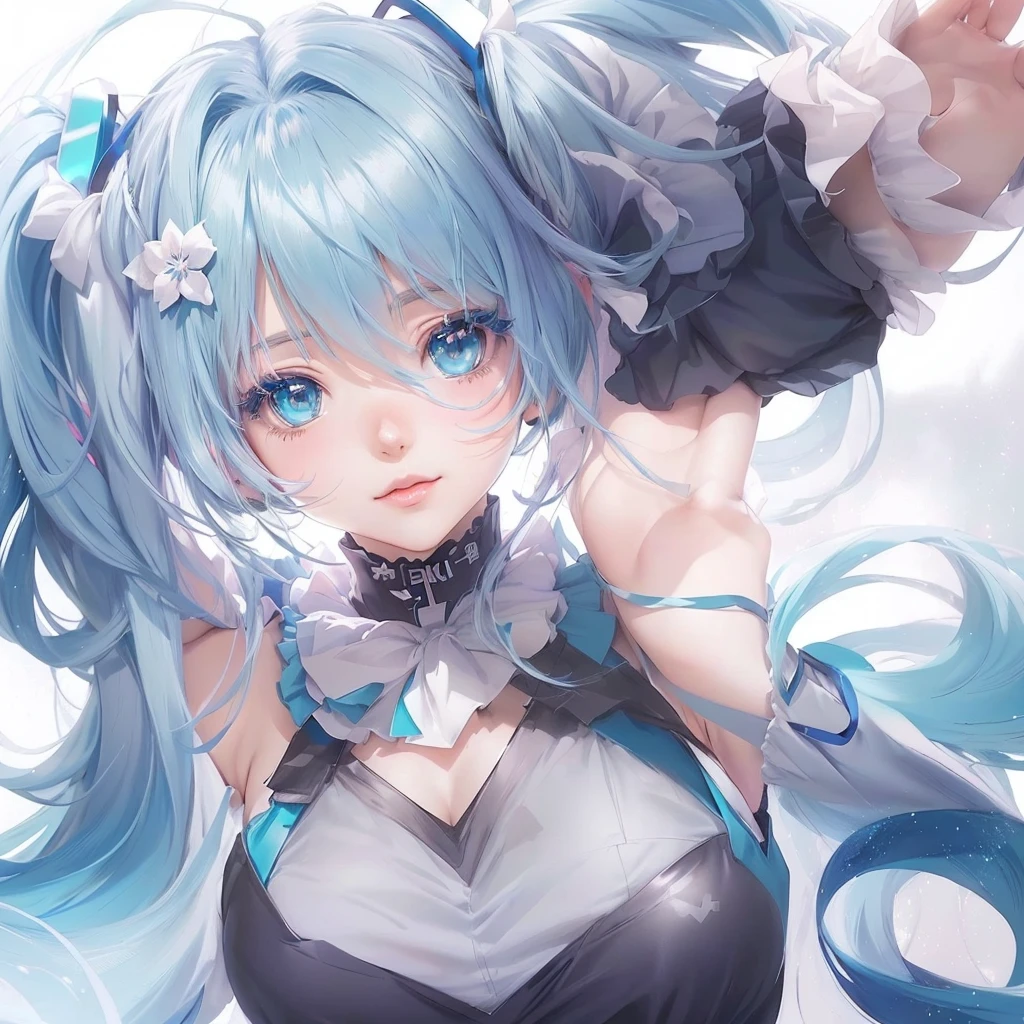 Anime girl with blue hair and white dress posing for photo, Anime Style 4k, anime art wallpaper 4k, anime art wallpaper 4k, Hatsune Miku portrait, Anime Art Wallpapers 8K, Turquoise hair anime girl, Hatsune Miku portrait, 4k anime wallpaper, anime wallpaper 4k, anime wallpaper 4k, Digital art on Pixiv