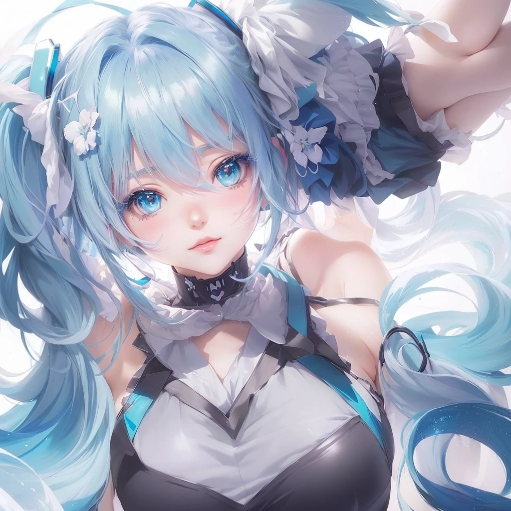 Anime girl with blue hair and white dress posing for photo, Anime Style 4k, anime art wallpaper 4k, anime art wallpaper 4k, Hatsune Miku portrait, Anime Art Wallpapers 8K, Turquoise hair anime girl, Hatsune Miku portrait, 4k anime wallpaper, anime wallpaper 4k, anime wallpaper 4k, Digital art on Pixiv