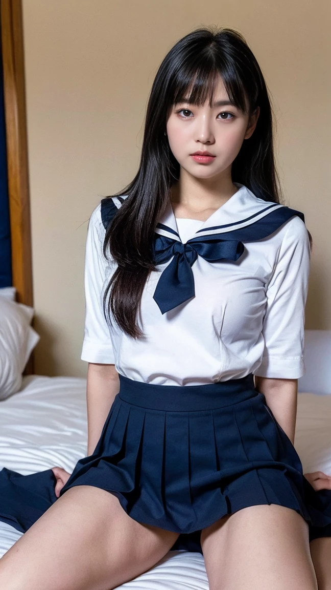 ((8k、High resolution、Highest quality、High resolution)))alone、Natural body shape、White skin、Natural Makeup、((Black Hair、bangs、Straight Long Hair))、((日本のSailor suit))(school uniform 、Sailor suit、Navy blue pleated skirt、red school ribbon)、、(Big Breasts:1.3)、((The upper body is wearing a uniform))、(((((Looking into the camera)))))、(((Head to shin portrait)))、(((Exposing your thighs)))、Bedroom、On the bed、Sit with your legs apart、((Focus on the crotch))、White socks