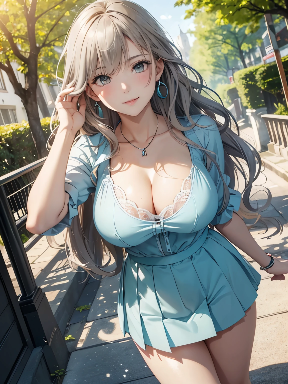 (Top Quality, High Resolution, Masterpiece, 4K), (soft light, shiny hair, beautiful eyes), young woman, full body view, lovely smile, ((long wavy hair, bangs, light colored hair)), ((greedy eyes, gray eyes, perfect eyes)), ((detailed face, blush:1.1)), (( Smooth texture:0.75, Realistic texture:0.65, Realistic:1.1, Animated CG style)), Large breasts, cleavage, seductive body, (white wrap blouse, turquoise blue tight skirt, attractive thighs visible), Pretty necklace, cute earrings, coming down big stairs in park, tree-lined street walking down a tree-lined street, strong sunlight, hand in own hair, showing chest with smiling , from above++, holding sunglasses in mouth, gesture of hair tied back with both hands, dynamic pose