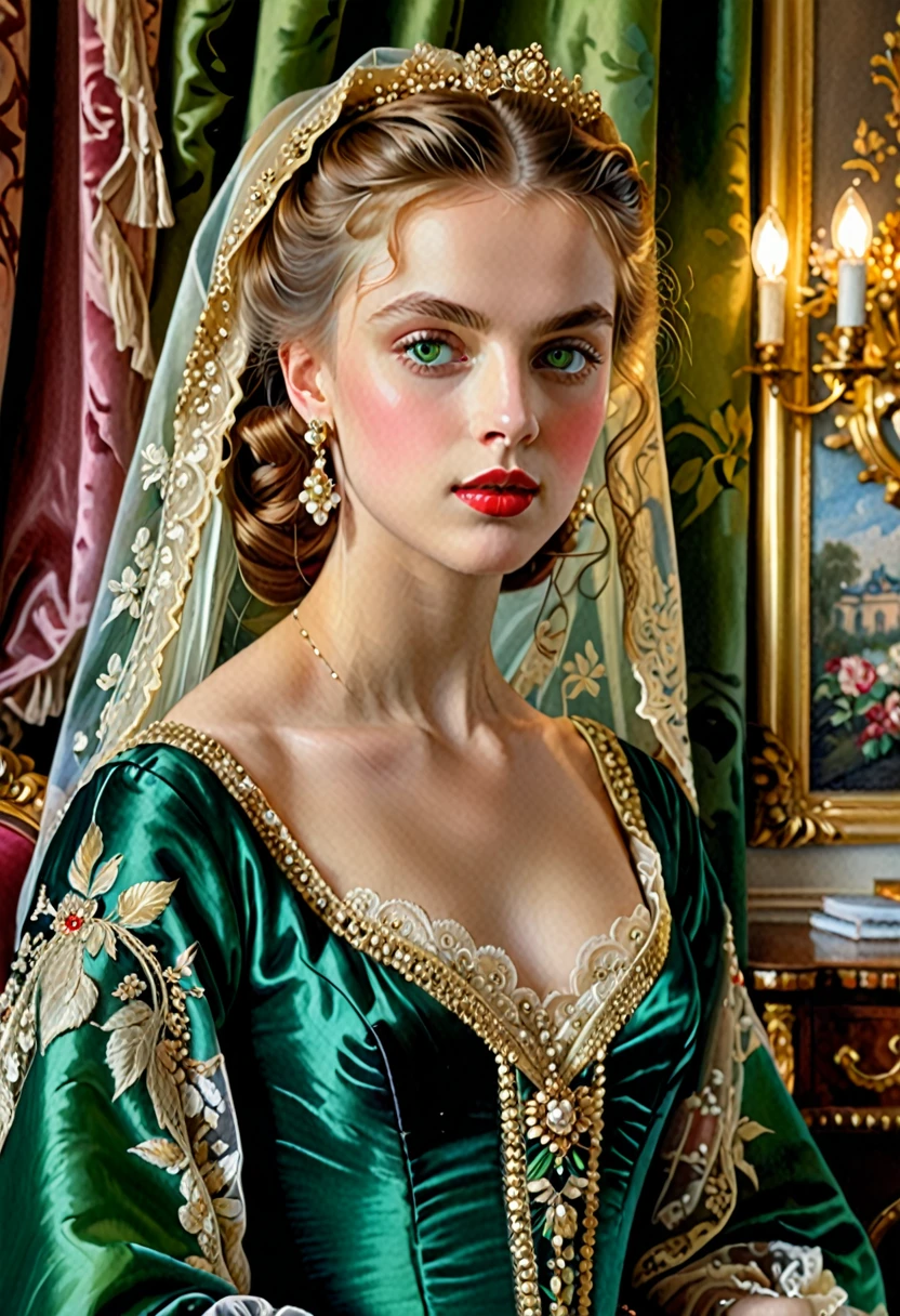 (highres,masterpiece:1.2),(realistic:1.37)A portrait oil painting by sargent!!!!!!! of a Russian vampire girl in the 18th century with unparalleled beauty. She has mesmerizing green eyes and delicate rosy lips. (extremely beautiful!!!!!! pretty!!!!! young face!!!!!), The portrait is meticulously detailed, capturing every subtle nuance of her features. She is adorned in an exquisite silk gown, embellished with intricate lace and delicate embroidery. The painting showcases the opulence of the era, with lush velvet curtains and gilded furniture in the background. The lighting is soft and diffused, accentuating the girl's ethereal beauty. The colors are vibrant and rich, creating a captivating visual experience. The portrait is created in the style of classical portraiture, reminiscent of the works of renowned artists from the era. It exudes elegance, grace, and sophistication., contraposto!!!!!!!!!!!!!