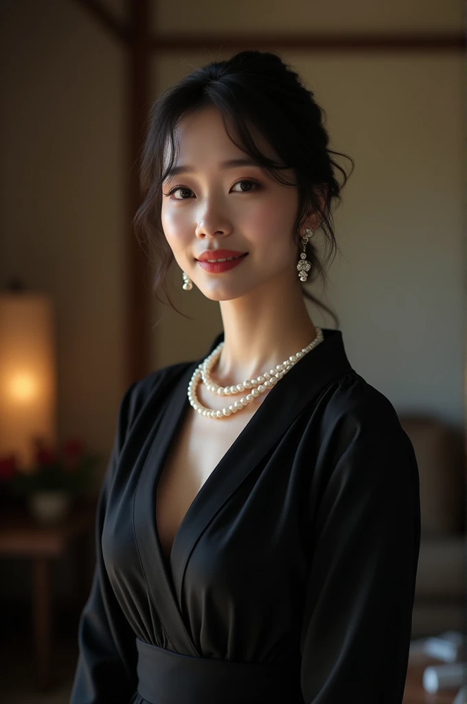 (Highest quality、Highest quality、8k resolution、masterpiece、Professional photography、Award-winning works)、(Mature 35 year old beautiful Japanese woman:1.1)、(Funeral:1.1)、(Blurred background of a spacious and elegant Japanese-style room:1.1)、(Strongly blurred background:1.1)、The most romantic and moody atmosphere、(Elegant and high-quality black mourning clothes:1.2)、(Pearl Necklace:1.1)、Standing Elegantly、Voluptuous body、(A sad smile looking at me:1.1)、Perfect Makeup、Beautiful lipstick、Long eyelashes、Ultra-high resolution glossy skin、(Accurate anatomy:1.1)