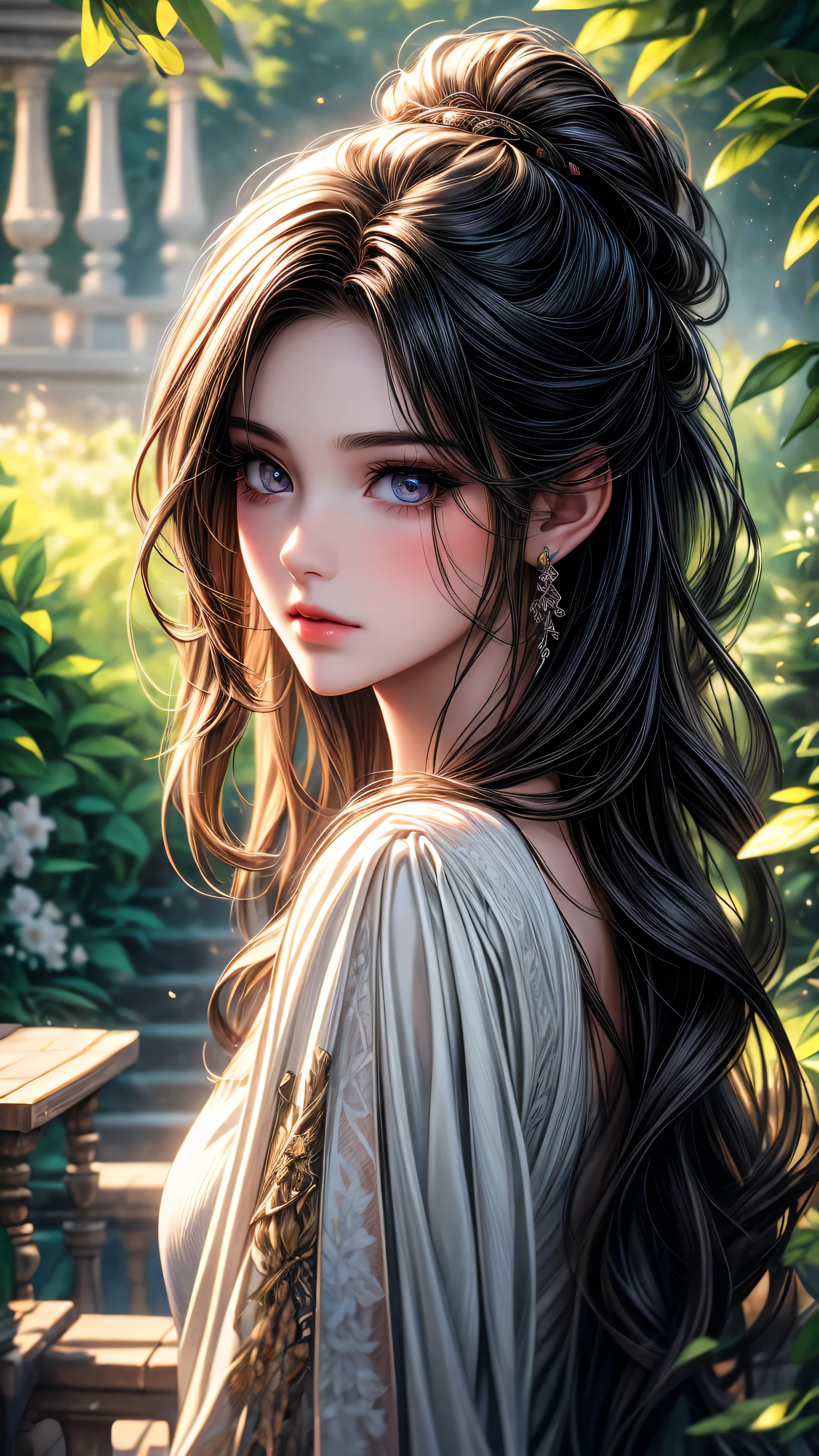 A girl in a garden,beautiful detailed eyes,beautiful detailed lips, long styled hair, extremely detailed eyes and face,longeyelashes,illustration,ultra-detailed,best quality,4k,8k,highres,masterpiece:1.2,ultra-fine painting,sharp focus,professional,vivid colors,portraits
