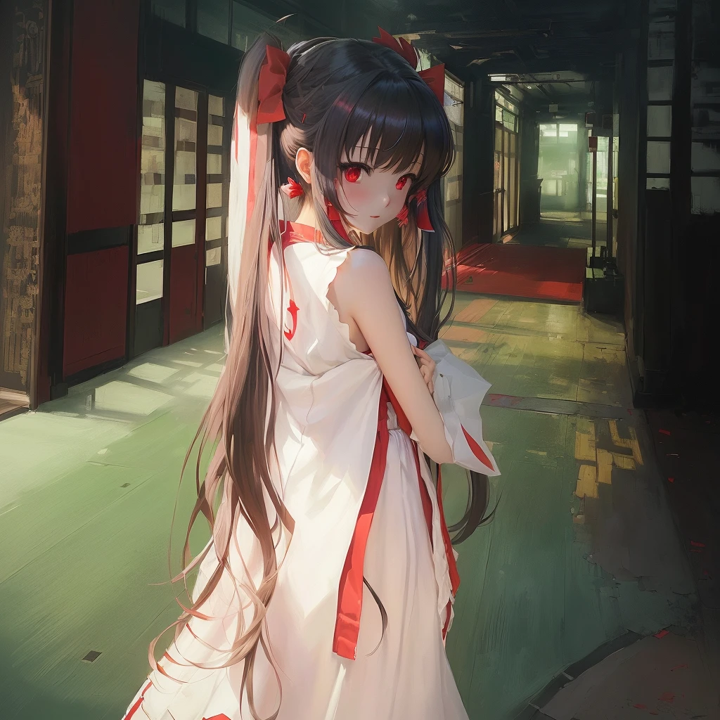 Anime girl with long hair and red dress standing in a hallway, Artistic rendering of Reimu Hakurei, Gwaiz, Reimu Hakurei, by Shimo, Enchanting anime girl, Burning, Smooth anime CG art, Gwaiz on pixiv artstation, Pixiv 3DCG, Singey, pixiv Contest Winner