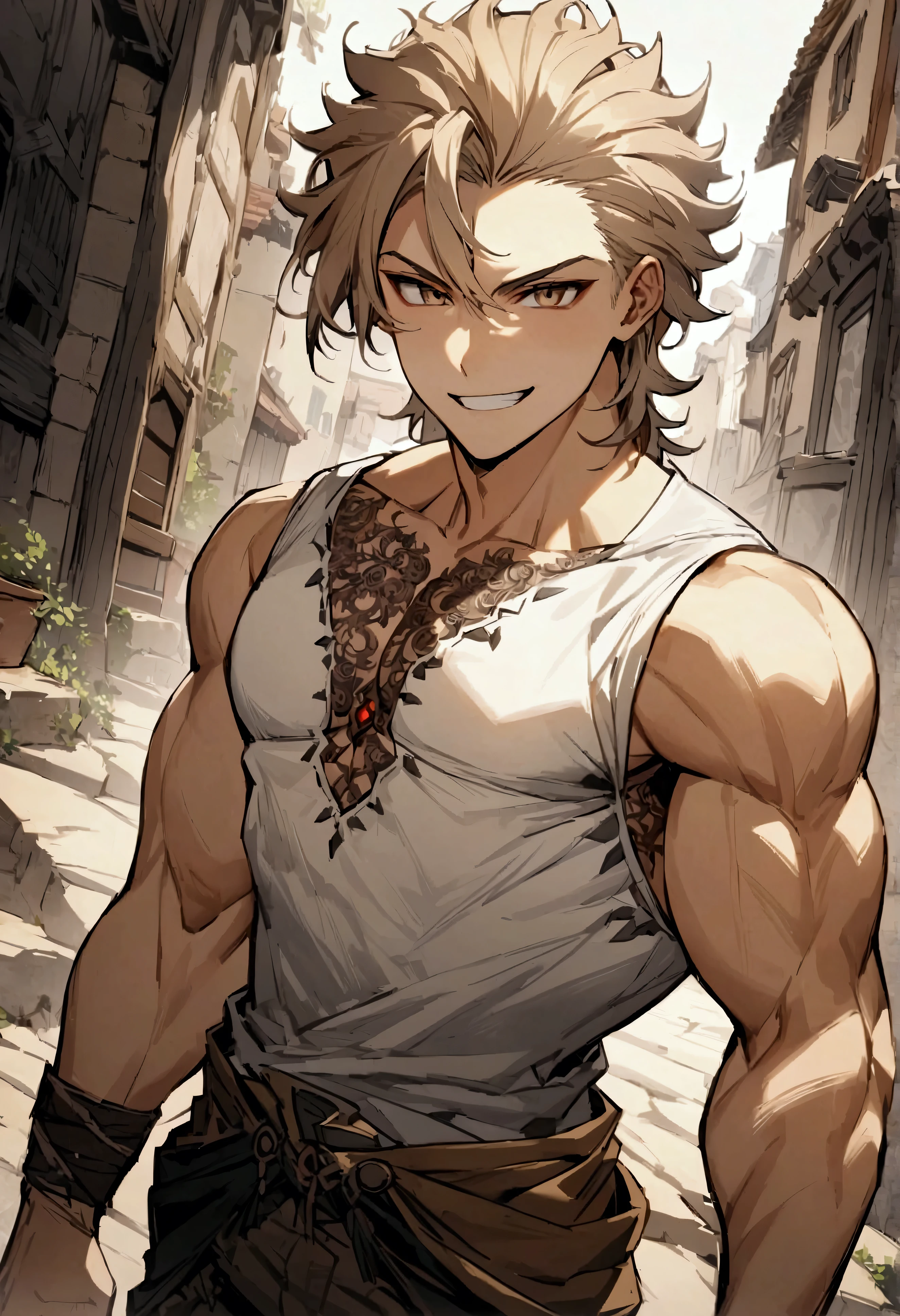 boy, hair combed up, medium length hair, multicolored black and light brown hair, Light brown eyes, confident grin, brown tattoos on the body, chest and muscular arms, ripped casual white shirt, stone aura