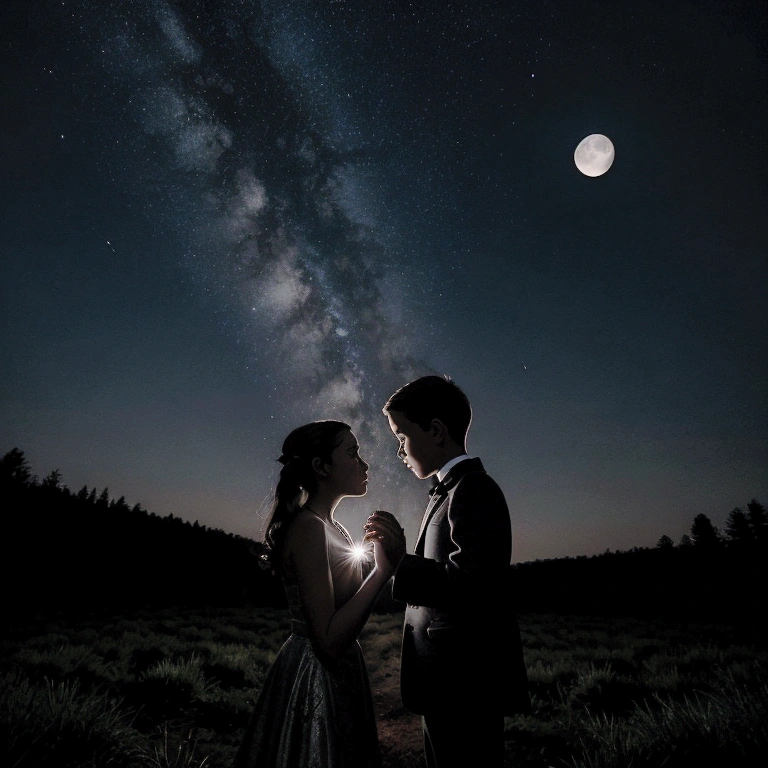 1girl, 1boy, face to face, hill, forest, moon, night, silhouette, interlocked fingers, betterhand