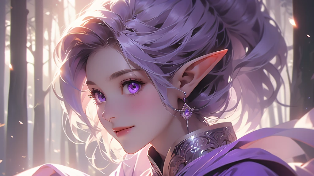 1 girl, elf, priestess, slender, smiling, purple eyes, portrait, translucent robe, revealing robe, looking down at viewer, forest background