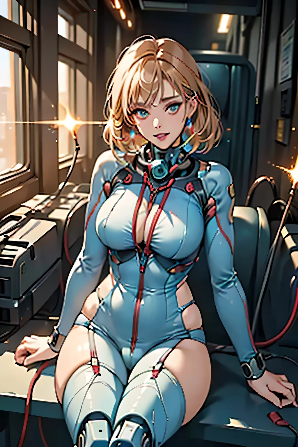 (((Sparks fly))), (((Highest quality))), ((Very detailedな)), (High-definition CG illustrations), ((Very delicate and beautiful)), Cinematic Light,((1 Mecha Woman)),alone,,(Ahegao),Big and ample breast, whole body,(Machine made joints:1.2),((Mechanical marginal vessels connected to tubes),((Cervical vertebrae mechanically attached to the neck)),(((The crotch is open))),(Sitting),(wires and cables around the neck:1.2),(Overhead Wires and Cables:1.2)(Character Focus),sf,((Very detailed,colorful)),Best details