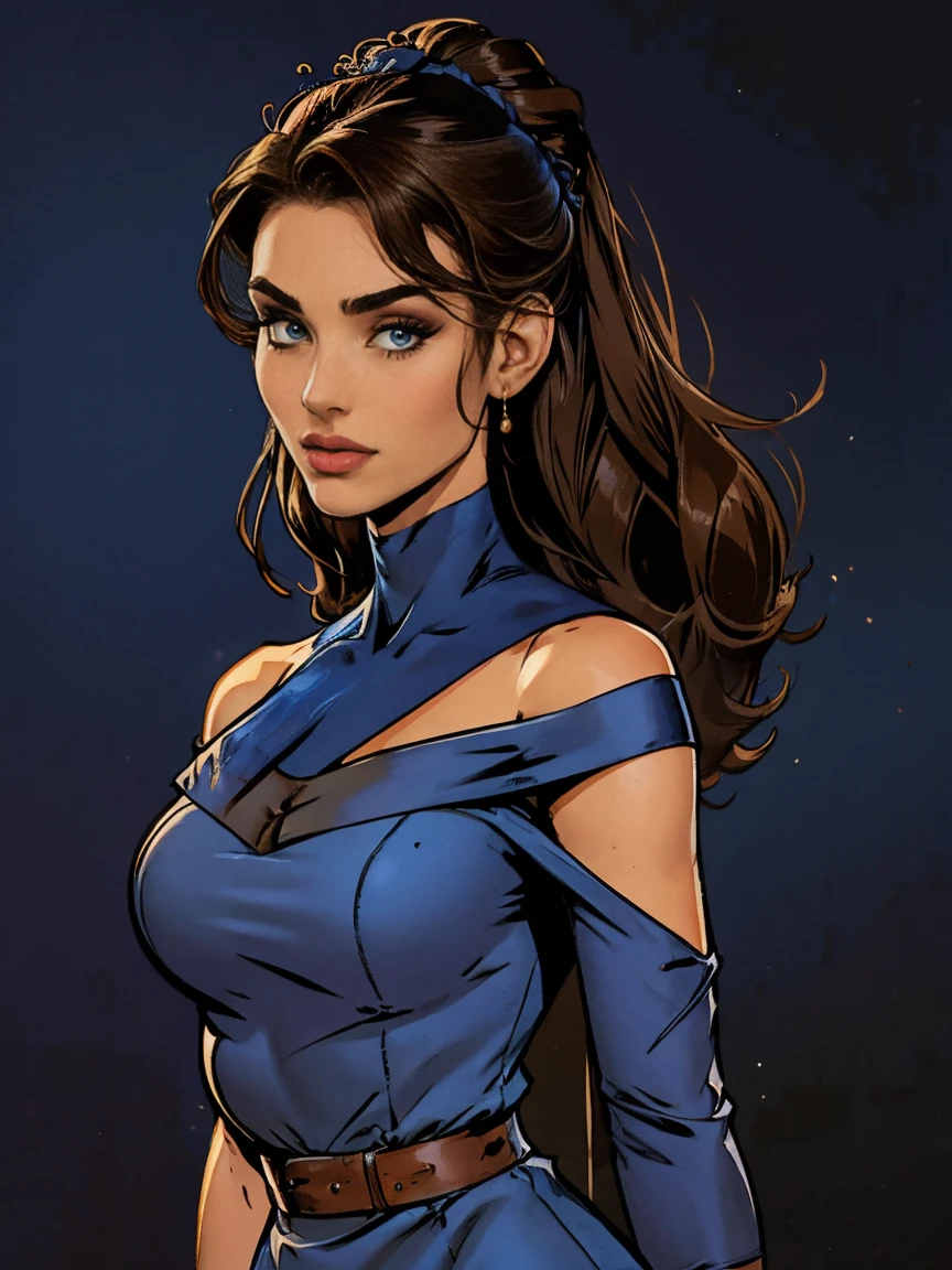 Gorgeous and sultry busty athletic (thin) brunette with sharp facial features wearing a dark blue off-shoulder sleeveless dress, updo