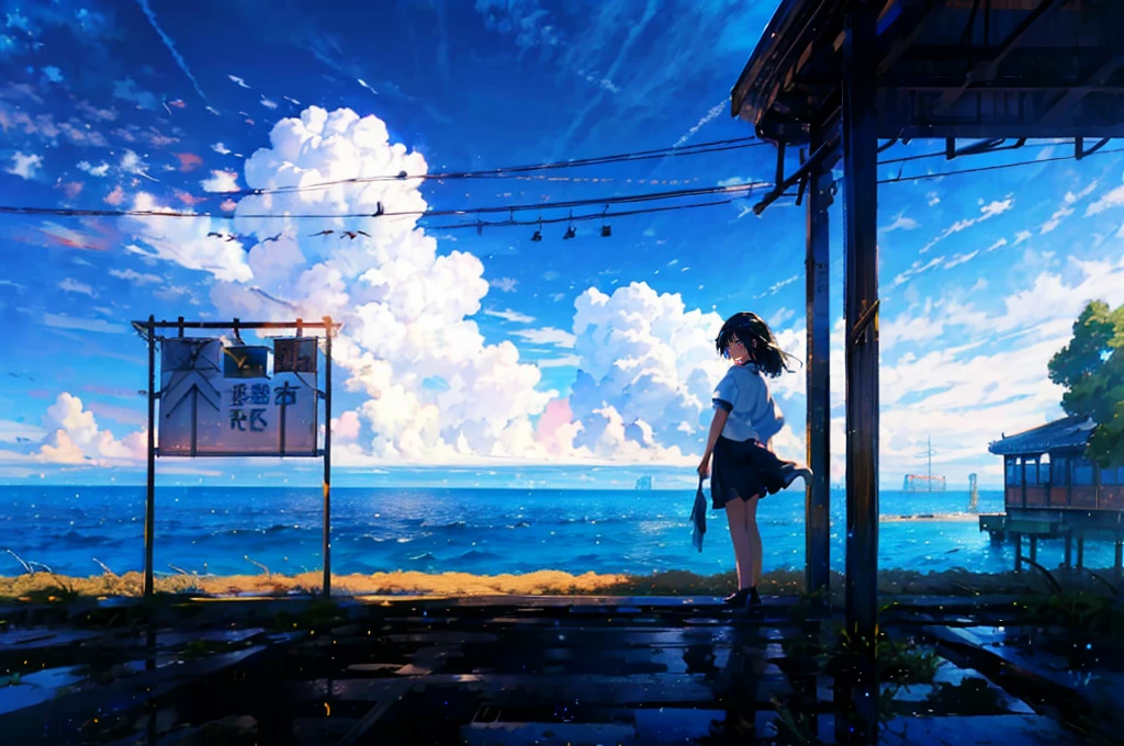 (Mastepiece), (Best Quality), Very detailed, (1 girl:1.5), (Full body solo shot:1.4), Perfect Face, beautiful girl, Very detailedな顔,(Black medium hair:1.5),(blue eyes:1.4),(Short sleeve white shirt:1.4)、(High school girls:1.4)、youth、bird、sunlight、(Ocean、Station platform:1.4)、(train、line:1.5)、(Summer in the countryside、cumulonimbus、blue sky:1.4)、mysterious、Fantasy、beautiful、Beautiful Landscape