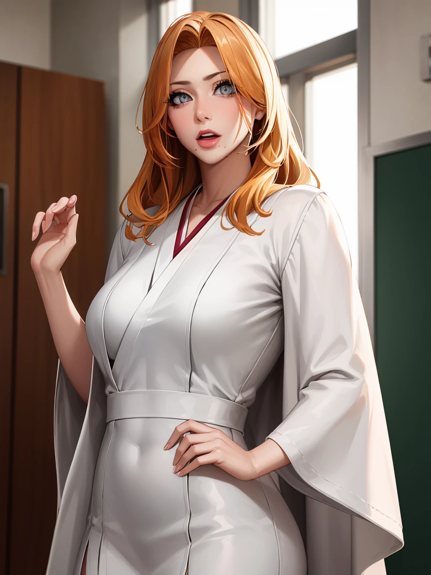 rangikumatsumoto, rangiku matsumoto, long hair, (grey eyes:1.5), orange hair, mole, mole under mouth, parted bangs,
BREAK wearing White_kimono,
BREAK indoors, classroom,
BREAK looking at viewer, (cowboy shot:1.5),standing,pose, hand on hip,
BREAK (masterpiece:1.2), best quality, high resolution, unity 8k wallpaper,NSFW ,(illustration:0.8), (beautiful detailed eyes:1.6), extremely detailed face, perfect lighting, extremely detailed CG, (perfect hands, perfect anatomy),