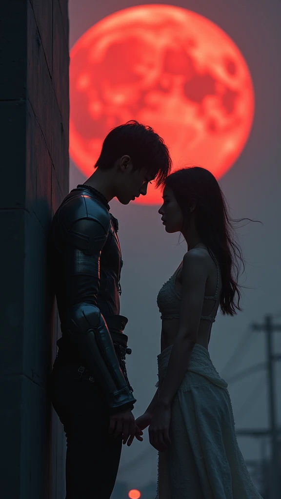 masterpiece, Highest image quality, photo realistic, Raw photo, full body photo, (night, giant red Moon in the sky :1.4, Japaneses, in future Japan , young man and beautiful woman, man talk to woman under the building, man and woman facing each other, man hands press the wall in the front across woman shoulder, man put his hands on woman shoulder, bare body, machinery armor dress gear, whispered words:1.4, open eyes, romantic:1.5), fire giant meteor strike on the ground, flying hair,