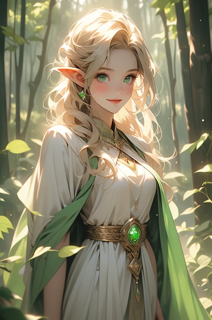 1 girl, elf, priestess, slender, smiling, green eyes, blonde, translucent dress, cleric, priestess, revealing robe, looking down at viewer, forest background