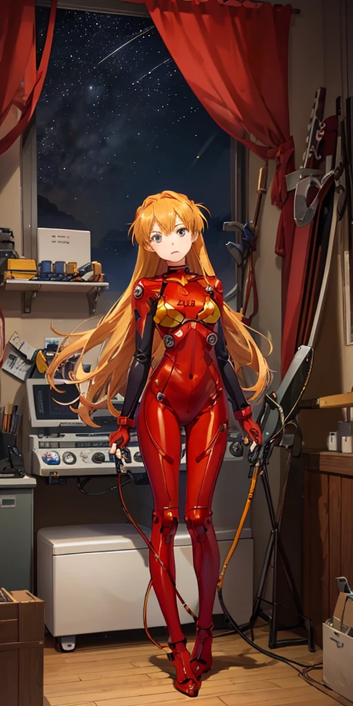 (俯瞰figure),Dynamic Angle,Very detailed, figure, close, Straight, One girl, 
 ((Soryu Asuka Langley, Interface Headset, Red bodysuit:1.4, blonde)),Her eyes shone like dream-like stars,(Glowing Eyes:1.233),(Beautiful and detailed:1.1),(Expressionless,Mouth closed),(Are standing), 
(In a white spaceship、Mechanic room with tools and spaceship window),
(night:1.2),dream-like, [[Delicate fingers and hands:0.55]::0.85],(Finger details),