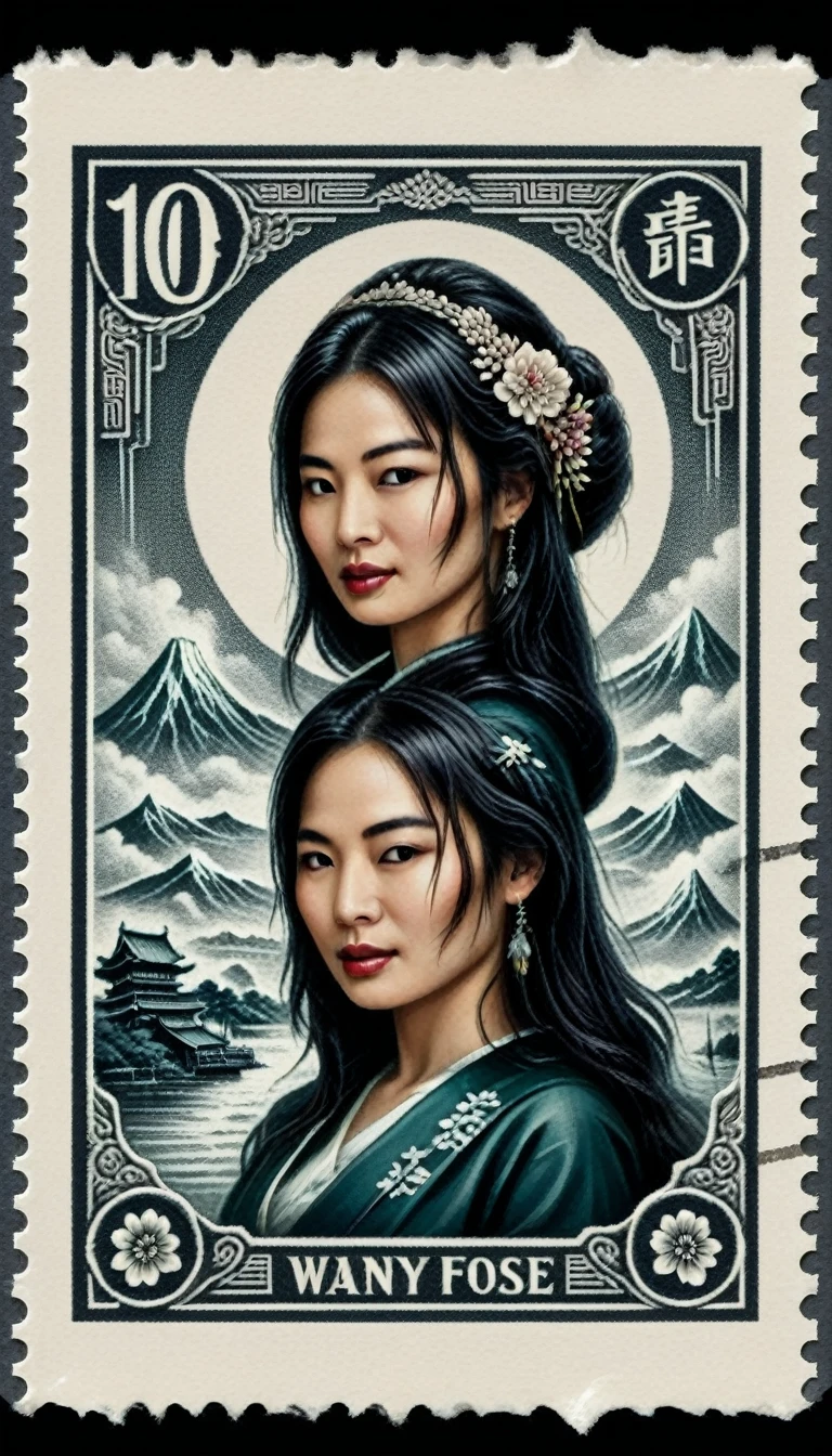 stamp embossed, fillagree, realistic, pretty, lovely,landscap art retro, warior woman, Japanese woman, old vintage stamp, ink punk,dinamic,ink art , comic book, cartoon,colors, sketch, tiny detailed, masterpiece, artstation trends, sharp focus, ,bold high quality, intricate details,vector style for t-shirt,ultra detailed, high resolution,chan-wong,more detail XL
