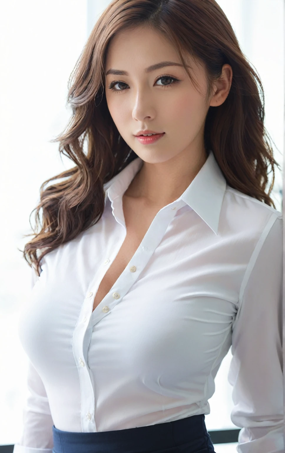 Large buttoned shirt,Tight shirt,Clear shirt,chest,,side,Tight Skirt,office,company,shirt,Alluring face,chestを強調,腕を上げてsideを開いている,A revealing shirt,office背景,
companyの風景,