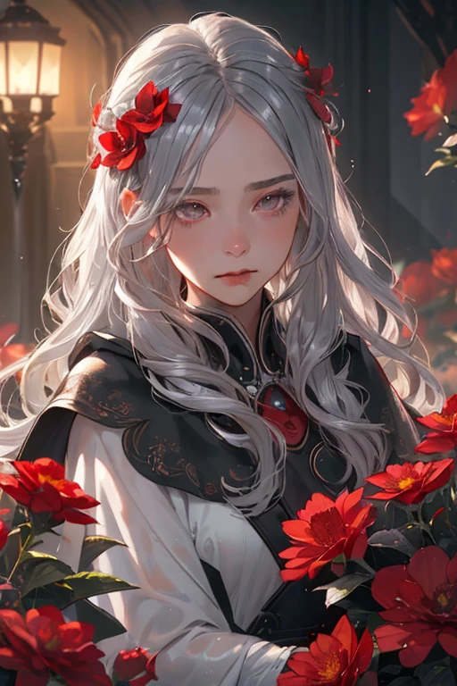 One girl,alone,One girl,alone,((Beautiful attention to detail)), (Detailed light),Depth of written boundary,(Gray Hair),Silver Eyes,Hair on one eye,(Red flower ), Hair Flower,Long Hair,Black Cape,Wet,Emotionless,Recall,night,Starfall,it's raining,fog,Red flowers falling,sketch,Upper Body,Strong Shadows,