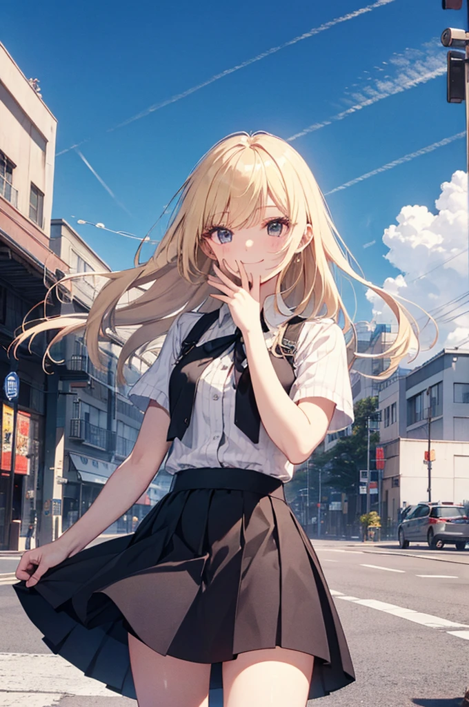 （Pretty sister:1.3）、long eyelashes、happy face,spring atmosphere、evening、aggressive、hot、((strong wind))、black skirt、shining 白ショルダートップス、company、blonde