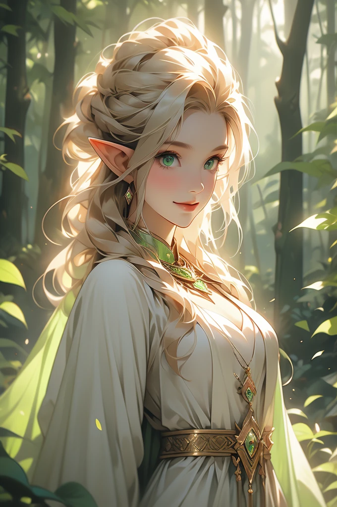 1 girl, elf, priestess, slender, smiling, green eyes, blonde, translucent revealing dress, cleric, priestess, looking down at viewer, forest background