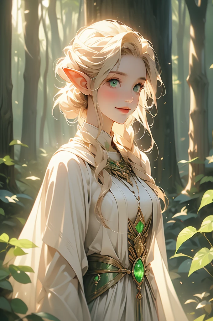 1 girl, elf, priestess, slender, smiling, green eyes, blonde, translucent revealing dress, cleric, priestess, looking down at viewer, forest background