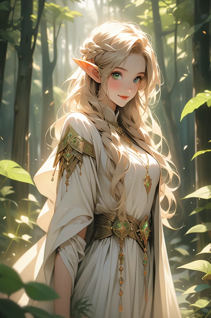 1 girl, elf, priestess, slender, smiling, green eyes, blonde, translucent revealing dress, cleric, priestess, looking down at viewer, forest background